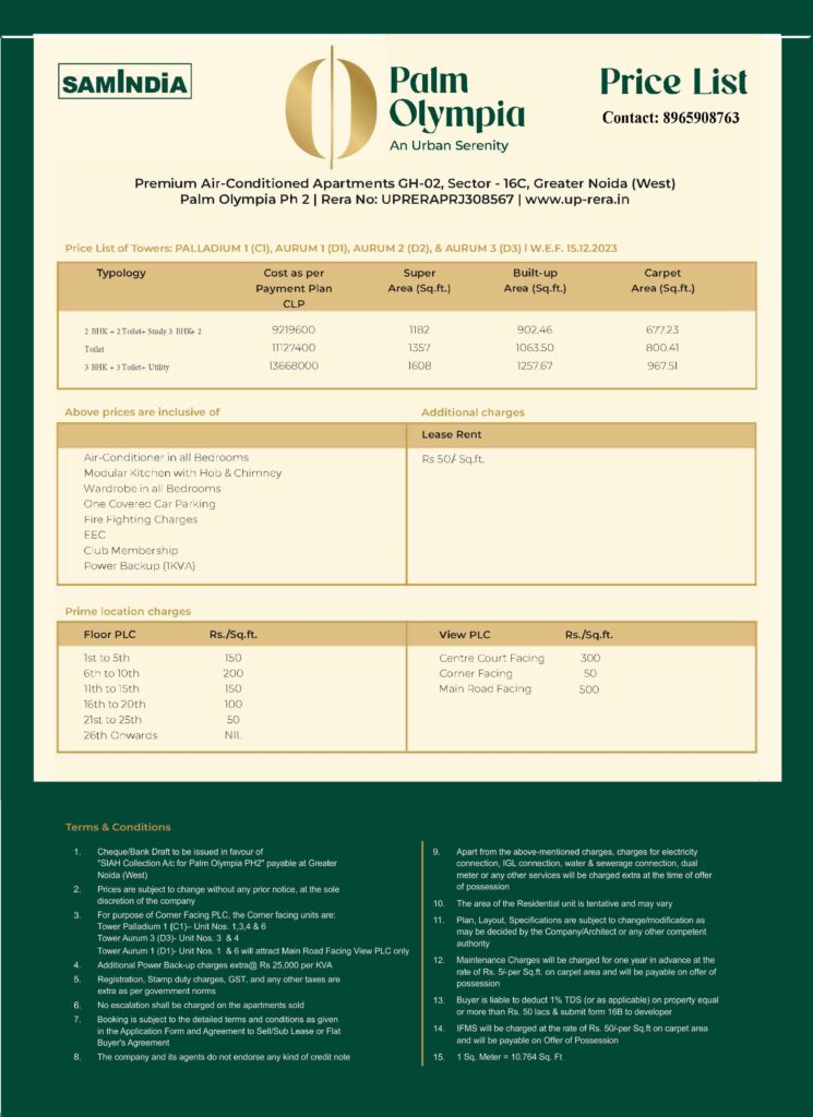 Palm Olympia Phase 2 Price List